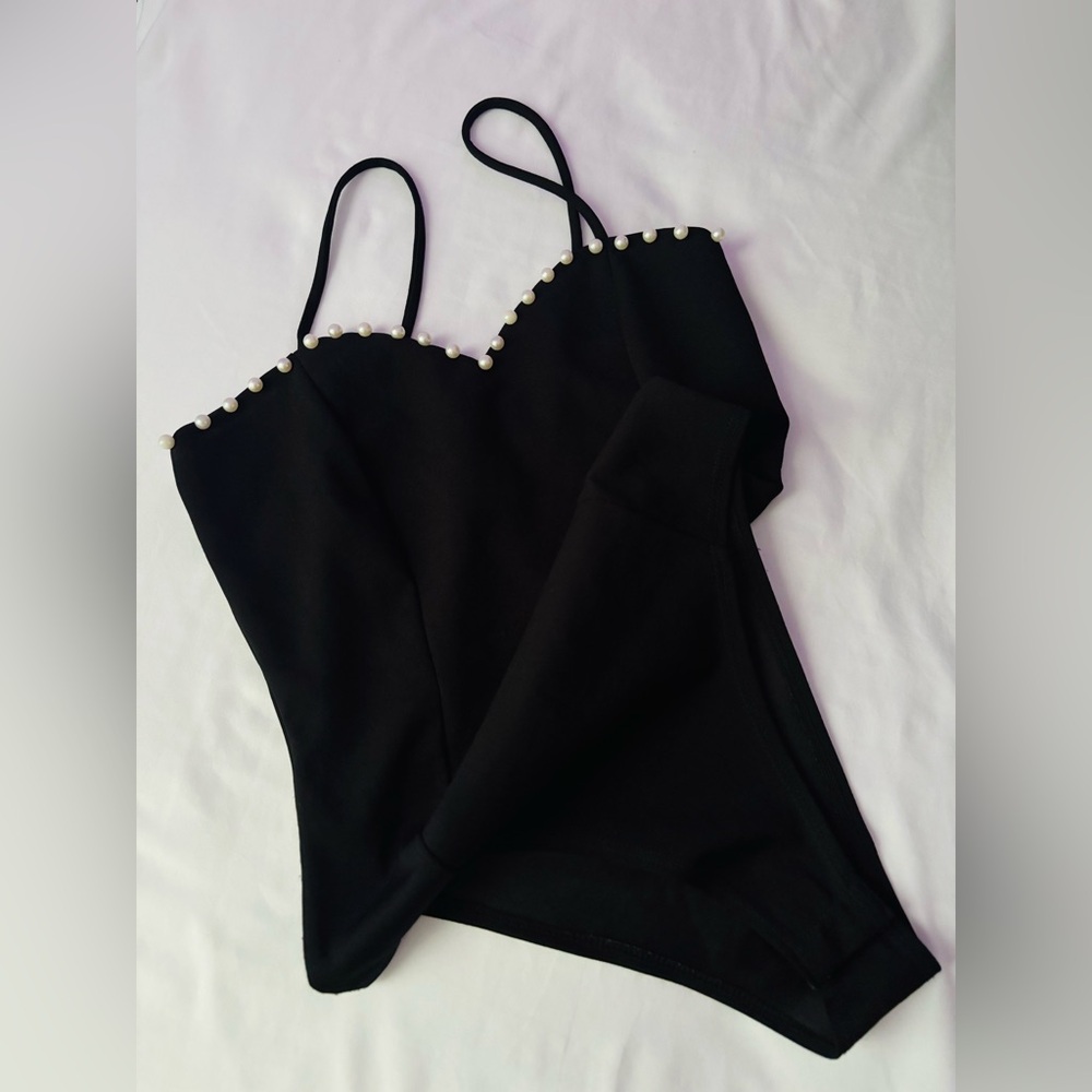 Black Pearl-Trim Cami Bodysuit